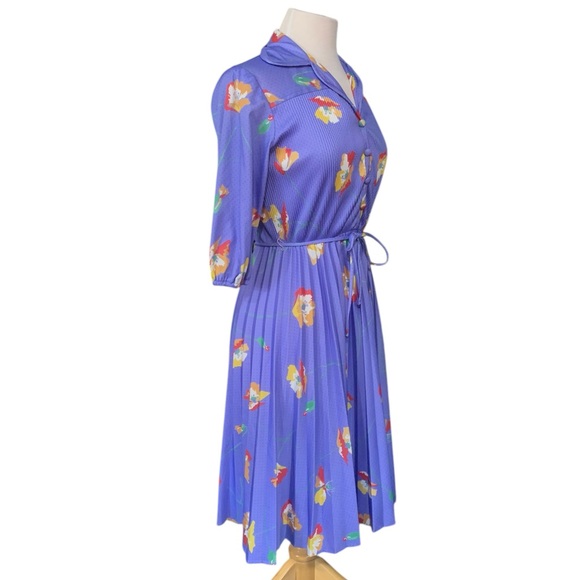 Vintage blue floral pleated pleated midi dress with fabric belt approx medium - Picture 4 of 9